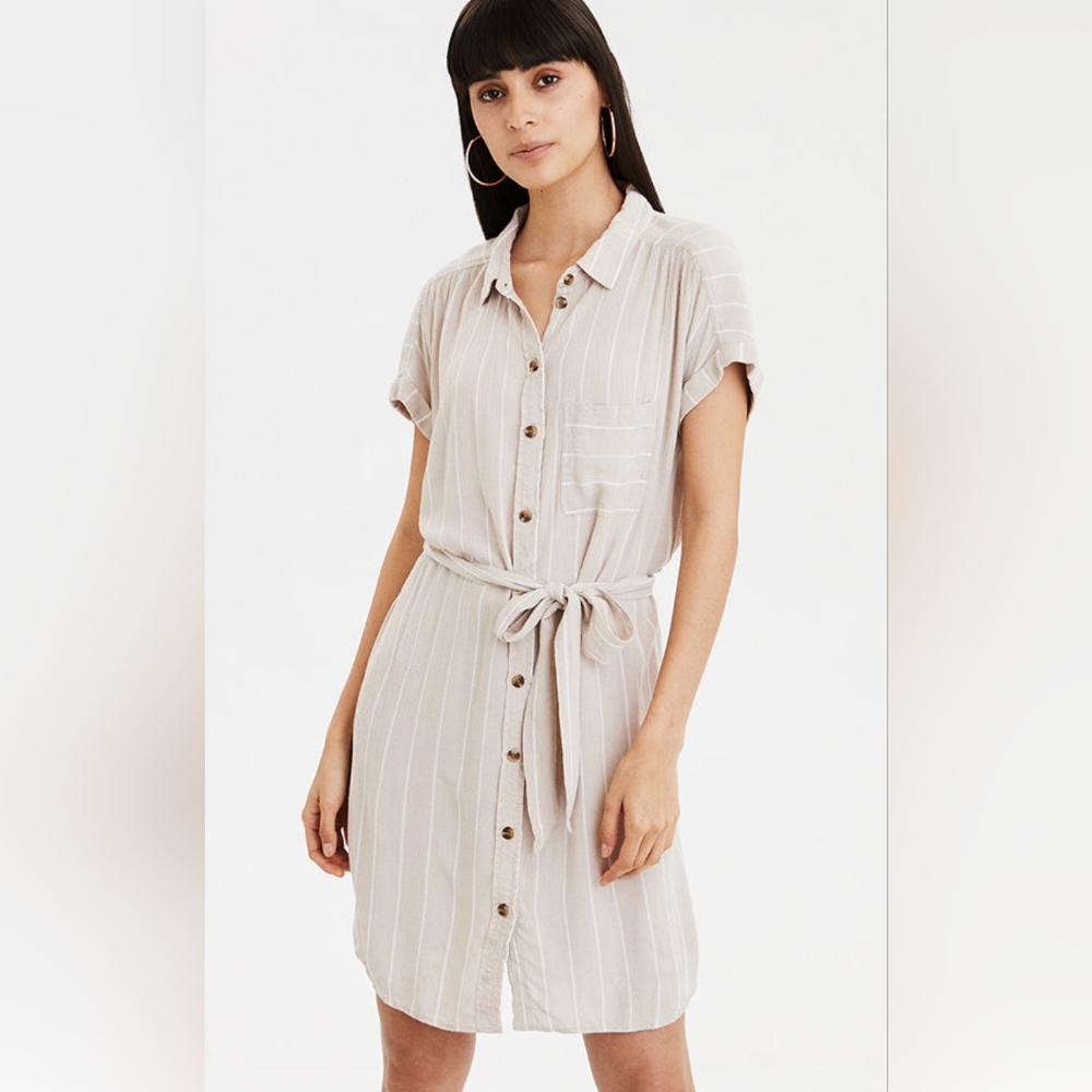 American Eagle Cotton Linen beige tropical shirt dress with tie waist button Xs